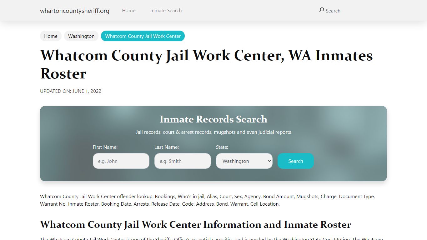 Whatcom County Jail Work Center, WA Jail Roster, Name Search